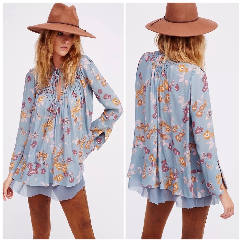 Free People Pebble Crepe So Fine Smocked Tunic Top Floral Blue Blouse Sm…